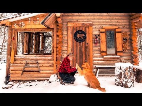 first-snow-at-the-off-grid-log-cabin-|-winter-2019