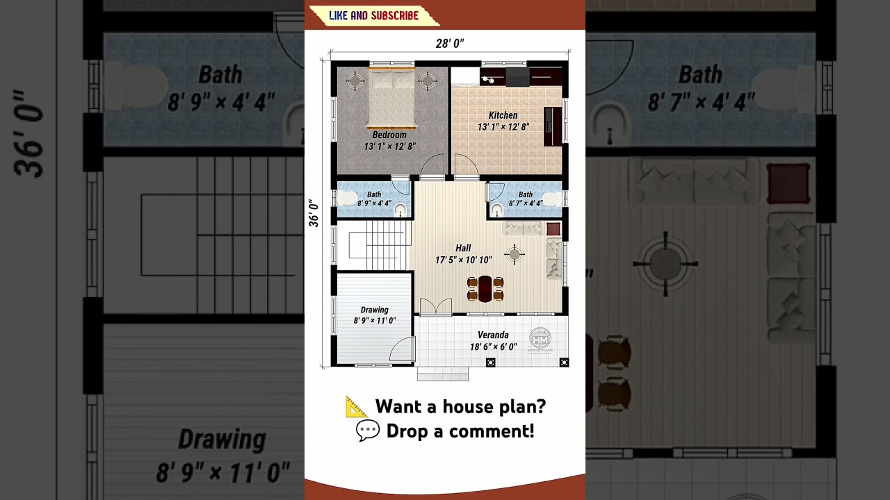 28'x36' Modern 1BHK House Plan with 2 Baths & Veranda | Compact & Stylish Design