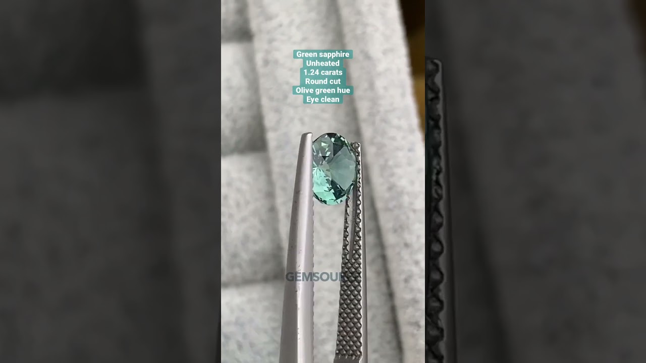 Green sapphire, 1.24 carats, unheated, round cut, olive green gemstones for jewellery.