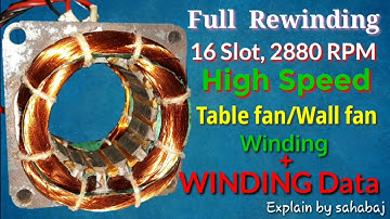 Rewinding 16 slots,2880 RPM, High Speed Table Fan/Wall Fan Motor Winding with winding Data in Hindi