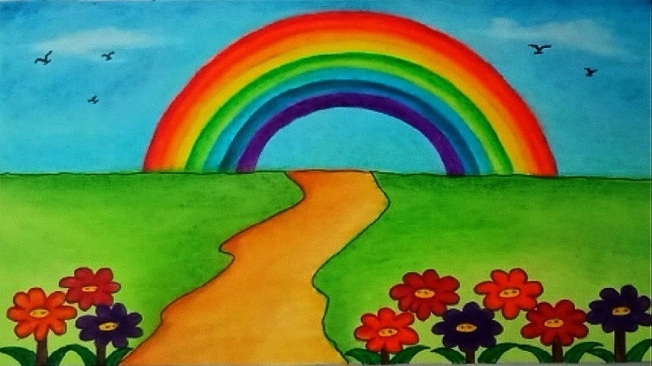 How To Draw Garden Scenery with Rainbow || Beautiful Garden Drawing