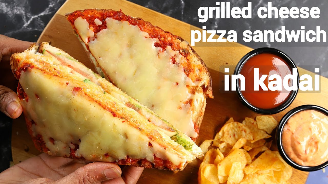 grilled cheese pizza sandwich recipe - in kadai | cheese grilled pizza sandwich | पिज्जा सेन्डविच | Hebbar | Hebbars Kitchen