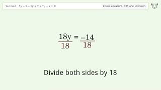 Linear equation with one unknown: Solve 5y+5+6y+7+7y+2=0 step-by-step solution