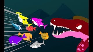 Greedy Liopleurodon vs Super Narwhals, 5 Super Narwhals Save Baby Shark And Many Fishes