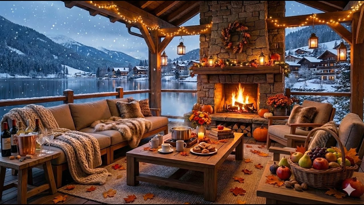 Peaceful Winter Morning in a Cozy Cabin ❄️ Warm Fireplace Jazz & Snowy Mountain Ambience for Study