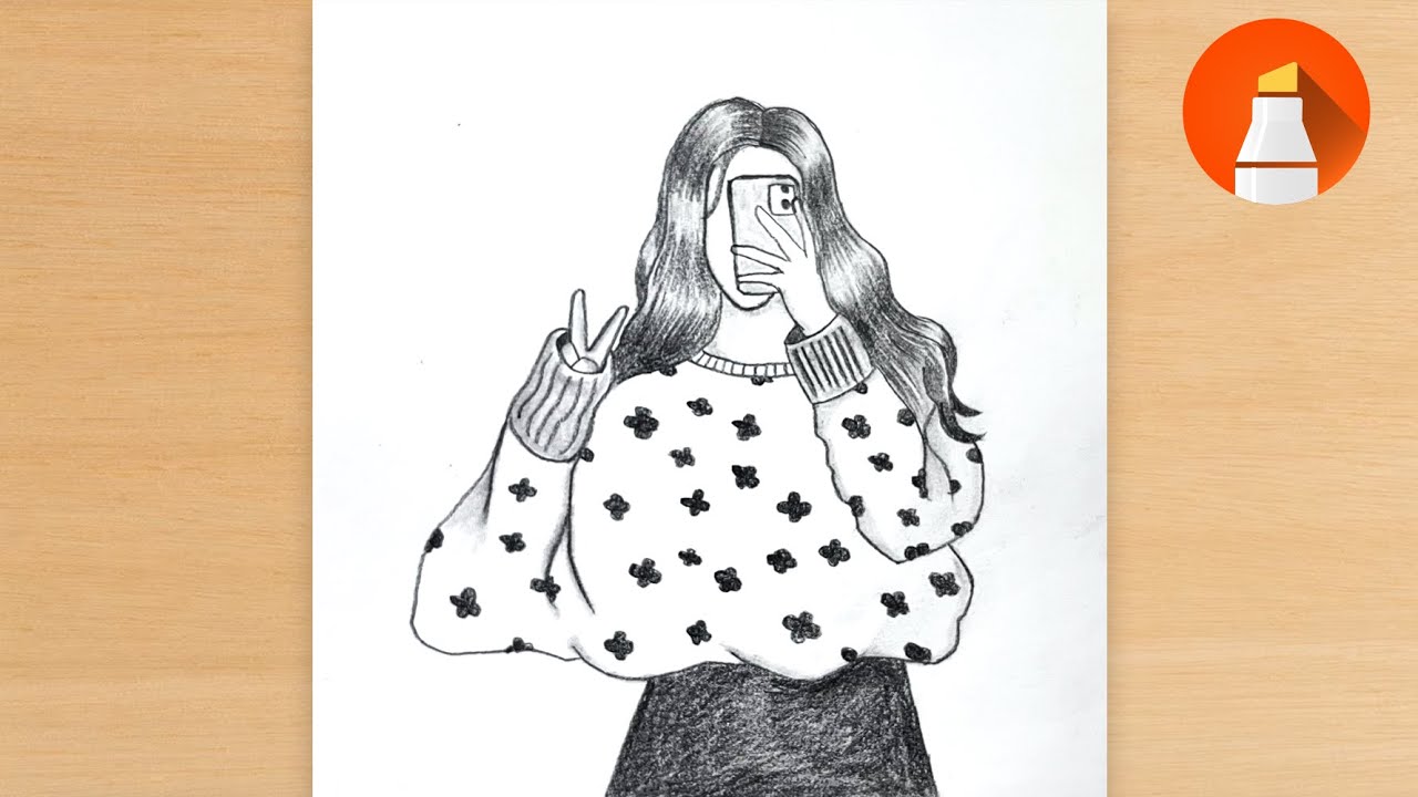 How to draw a girl taking selfie with phone Pencil sketch for