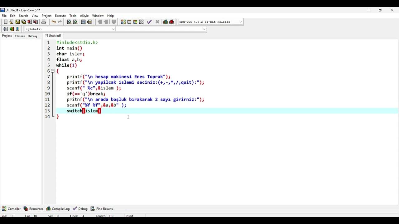 c programlamada while(1) ve switch-case ile hesap makinesi - YouTube