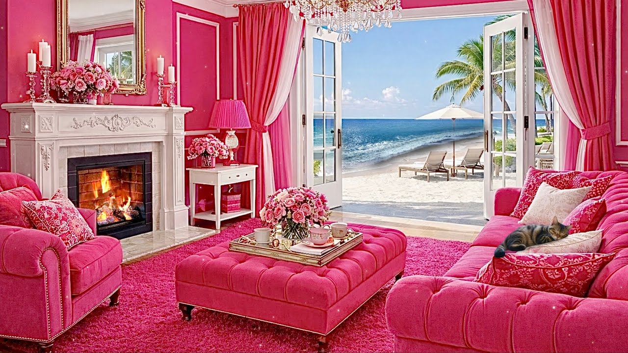 💕 Dreamy Pink Plush Fireplace Beach House ✨ Romantic Cozy Ambience  🌸