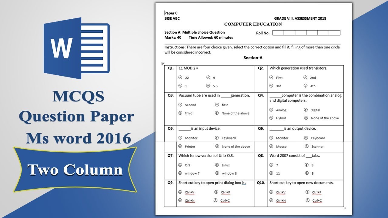 How to create Multiple Choice Question (MCQS) Paper in ms word 26 in two  column