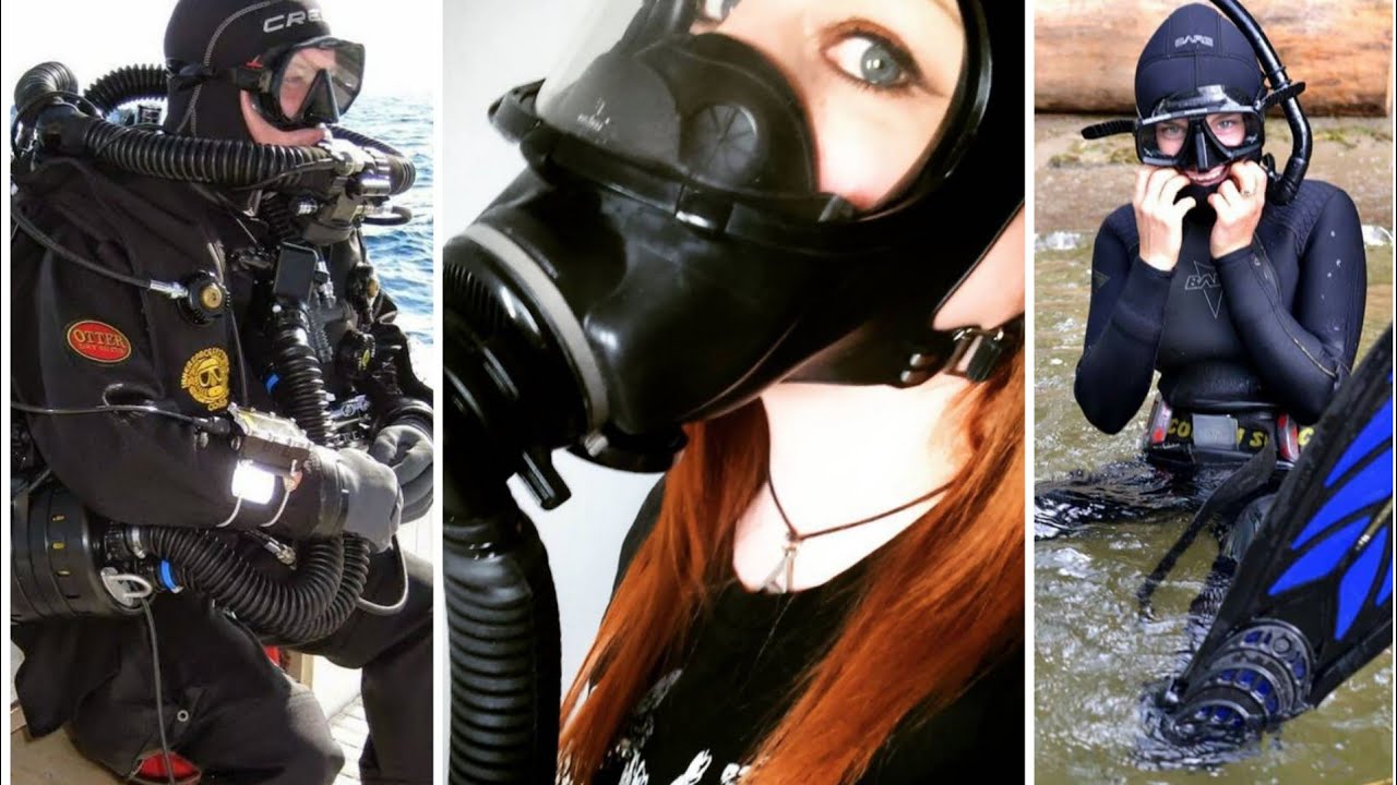 Most amazing and beautiful scuba divers and latex full face gas masks