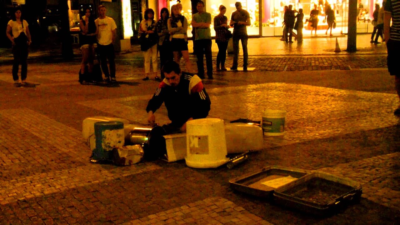 Street Busker, Found Objects Drummer in Prague, Czech Republic