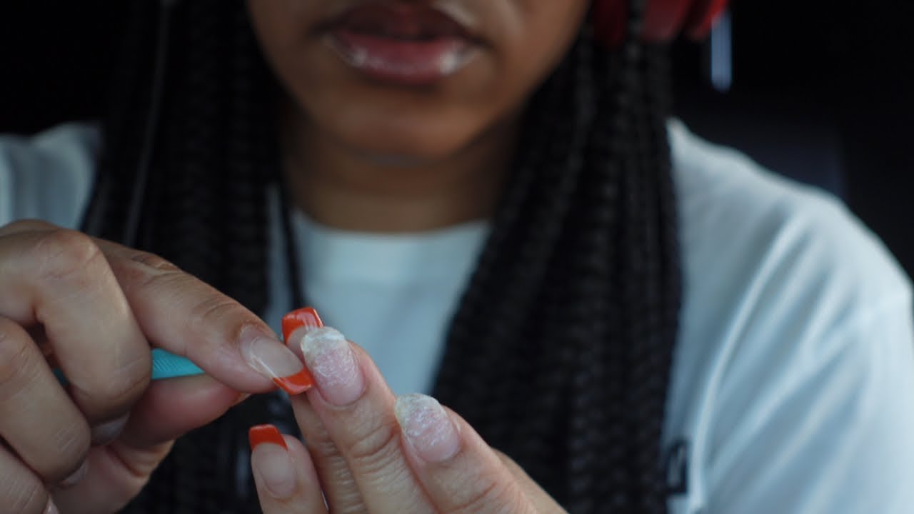 ASMR | REMOVING MY ACRYLIC NAILS IN THE CAR | NAIL AND GUM SOUNDS