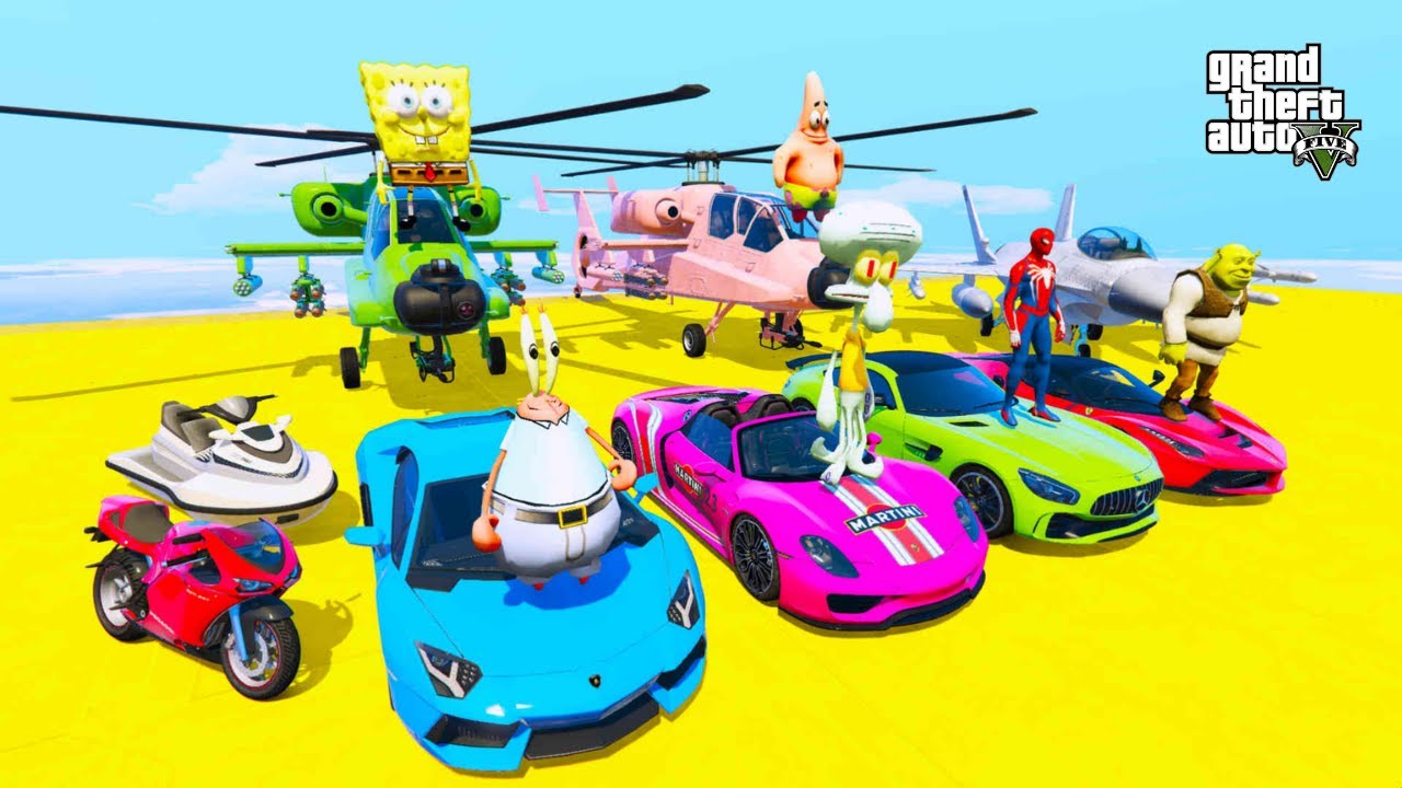 GTA 5 Super Cars Planes Ski Jet and Motorcycle Racing Challenge on Stunt Map By Trevor and Friends