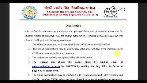 CRSU Notification Regarding Option of ONLINE Examination Mode for September-2020 Examinations