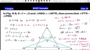 In the given figure ∠1=∠2 and ΔNSQ≅ΔMTR then prove that ΔPTS∼ΔPRQ | Triangles | NCERT Exemplar 10th