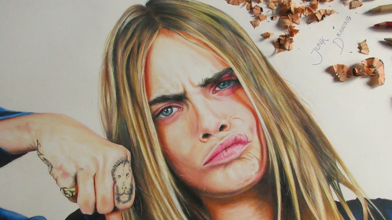 Drawing Cara Delevingne coloured pencils 