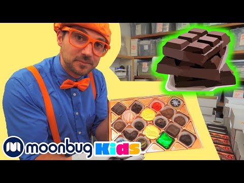 BLIPPI Visits a Chocolate Factory | Learn | ABC 123 Moonbug Kids | Fun Cartoons | Learning Rhymes