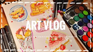chill painting session with watercolors & markers | dessert illustration | paint with me