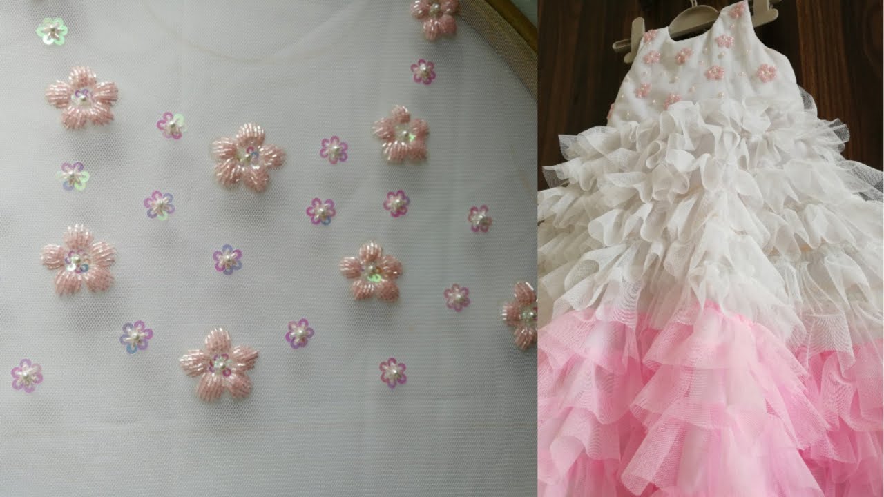Hand Embroidery on net fabric | puffed beaded flower | sequins embroidery