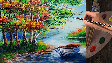 Easy Landscape Painting with Floating Boat in the River | Acrylic Art Tutorial