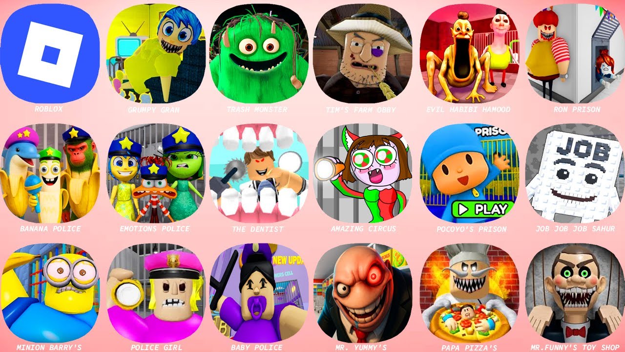 ROBLOX:TIM'S FARM OBBY,EVIL HABIBI HAMOOD,RON PRISON,BANANA POLICE FAMILY,THE DENTIST,AMAZING CIRCUS