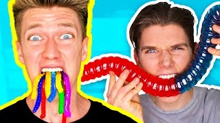 Gummy Food vs. Real Food Challenge! *EATING LIVE WORMS* Giant Gummy Worm Gross Real Food Candy