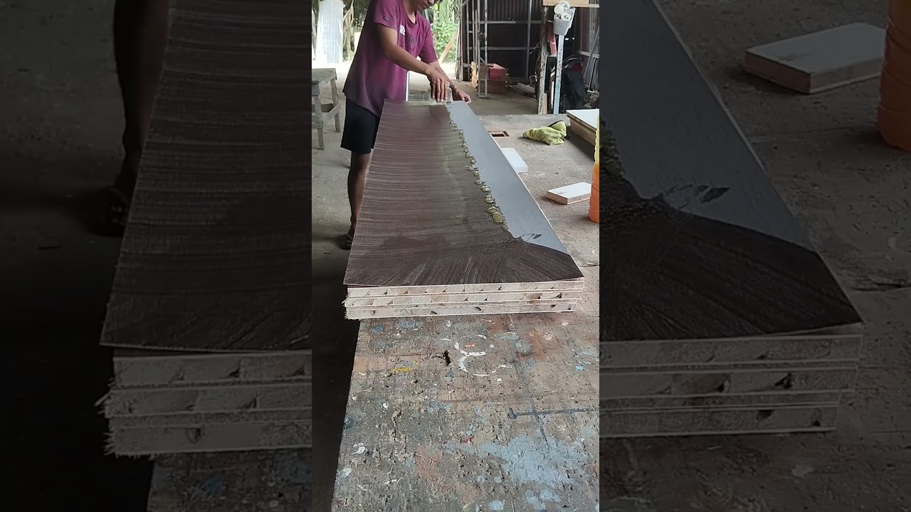 pengaplikasian lem kuning ke hpl 