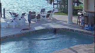 Little girl rides scooter near edge of pool and falls in (Security camera)