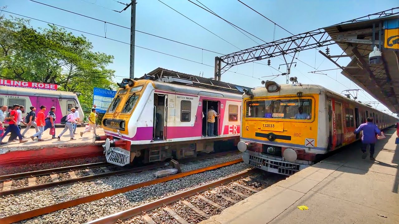 Continuous crowded EMU local trains crossing | Morning rush hour at busy Belur station