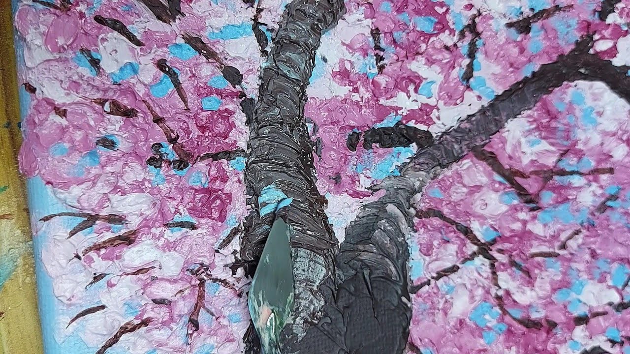 Lukisan Sakura Bertekstur 🌸 Teknik Impasto dengan Pisau Palet