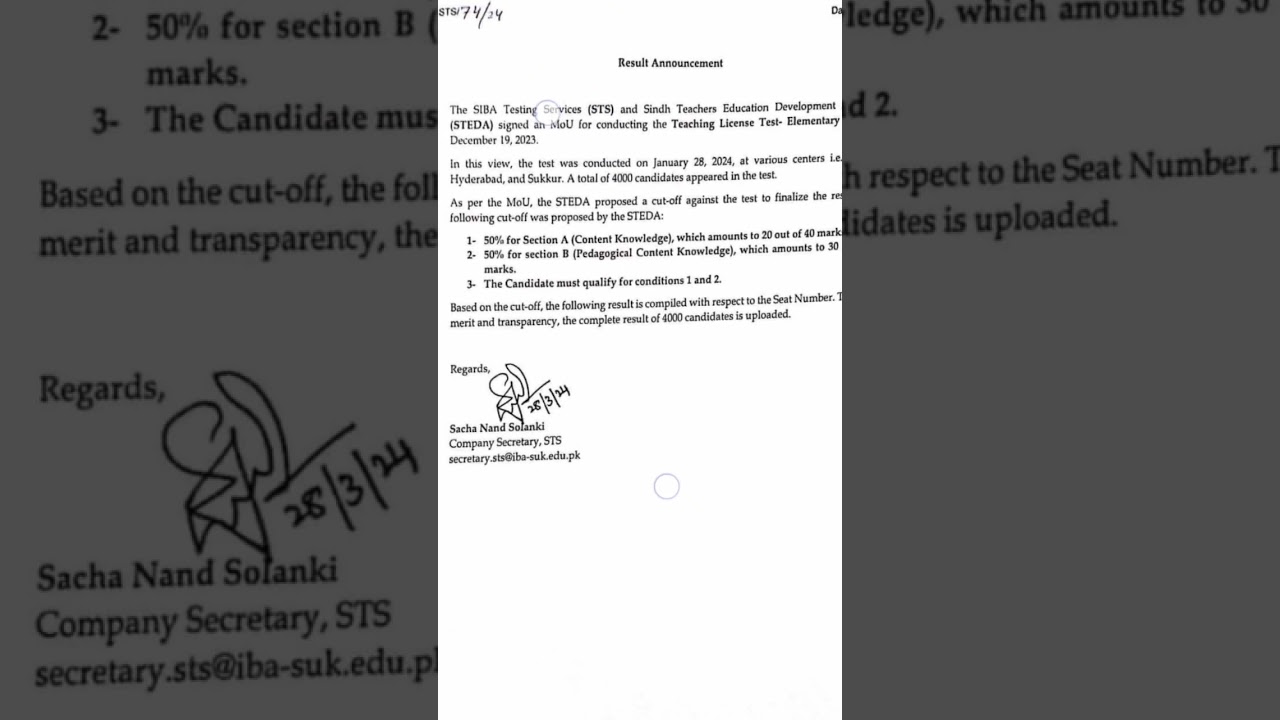 STS IBA SUKKUR Teaching License Test Results 2024 