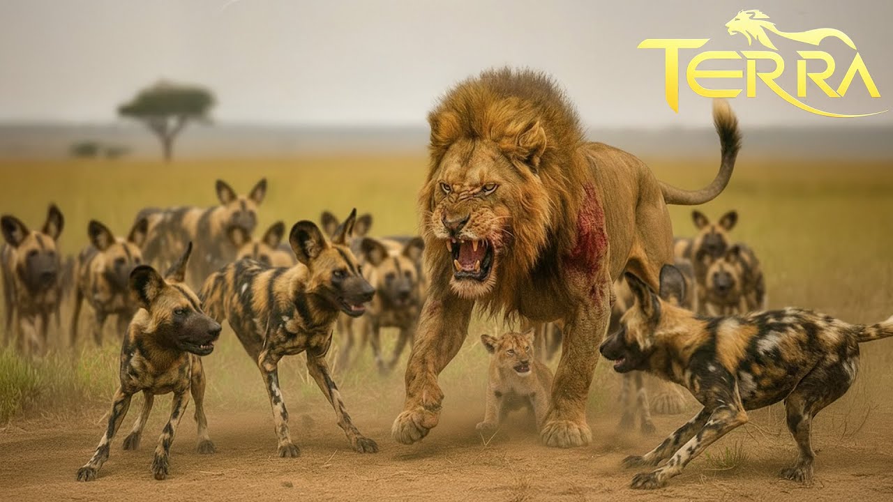 León se Enfrenta al Perro Salvaje: Valiente para Proteger a su Cachorro 