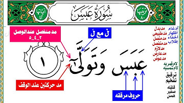 سورة عبس قراءه تجويديه للمبتدئين من (عبس وتولى)إلى (فأنت عنه تلهى)