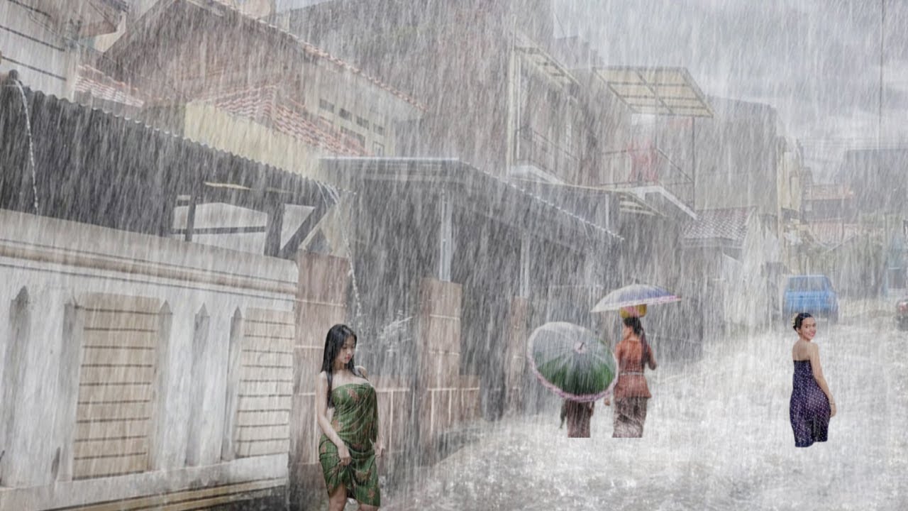 Super heavy big rain and strong winds in my village, rain sounds for ...