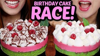 ASMR BIRTHDAY CAKE RACE! EATING HUGE RASPBERRY GREEN TEA MOUSSE CAKES 케이크 먹방 केक ケーキ MUKBANG