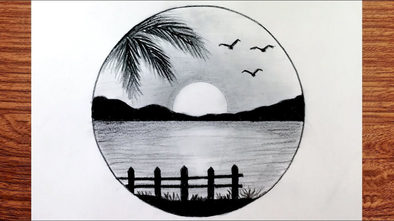 Easy circle landscape drawing | how to draw sunset scenery with pencil ...