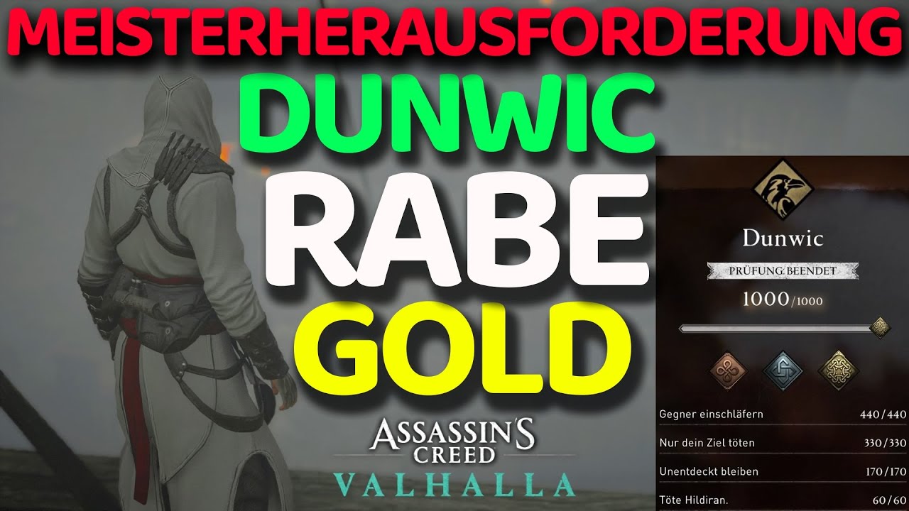 Assassins Creed Valhalla Dunwic Gold Rabe Meisterherausforderung Raben Prüfung Tricks Tipps deutsch