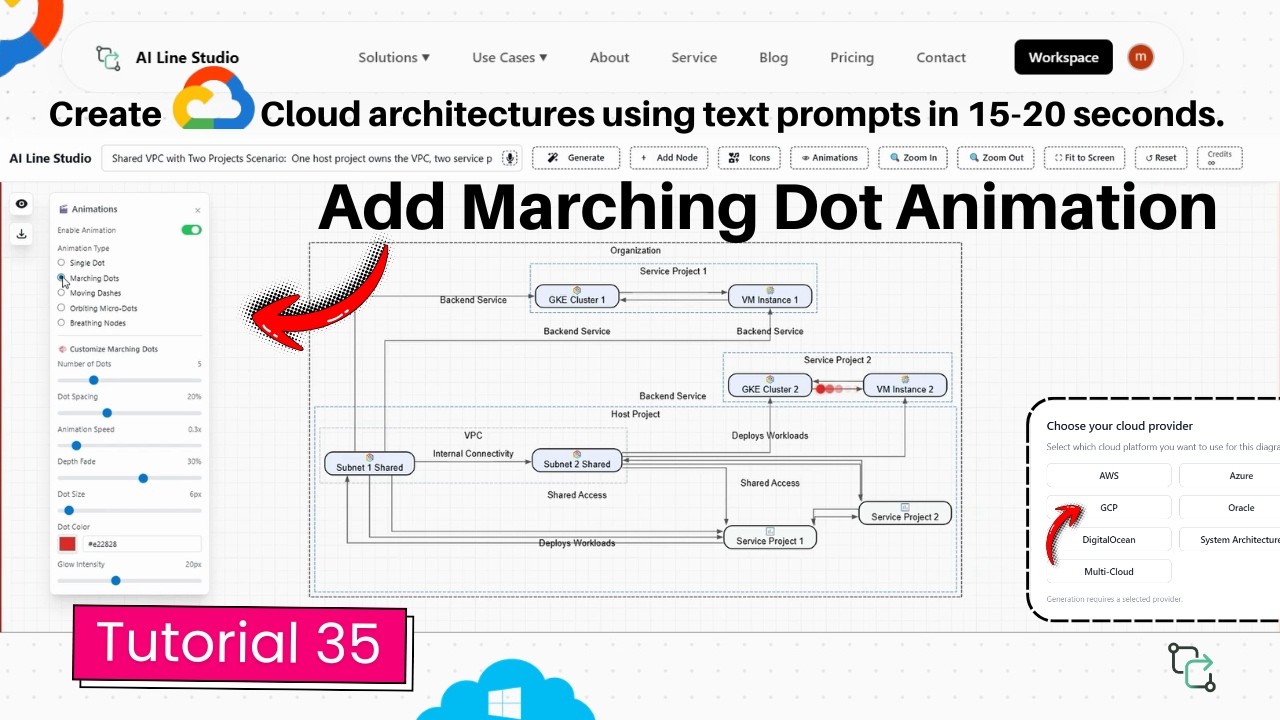 Marching dot animation in GCP diagram tutorial showing dots flowing along Shared VPC connection lines