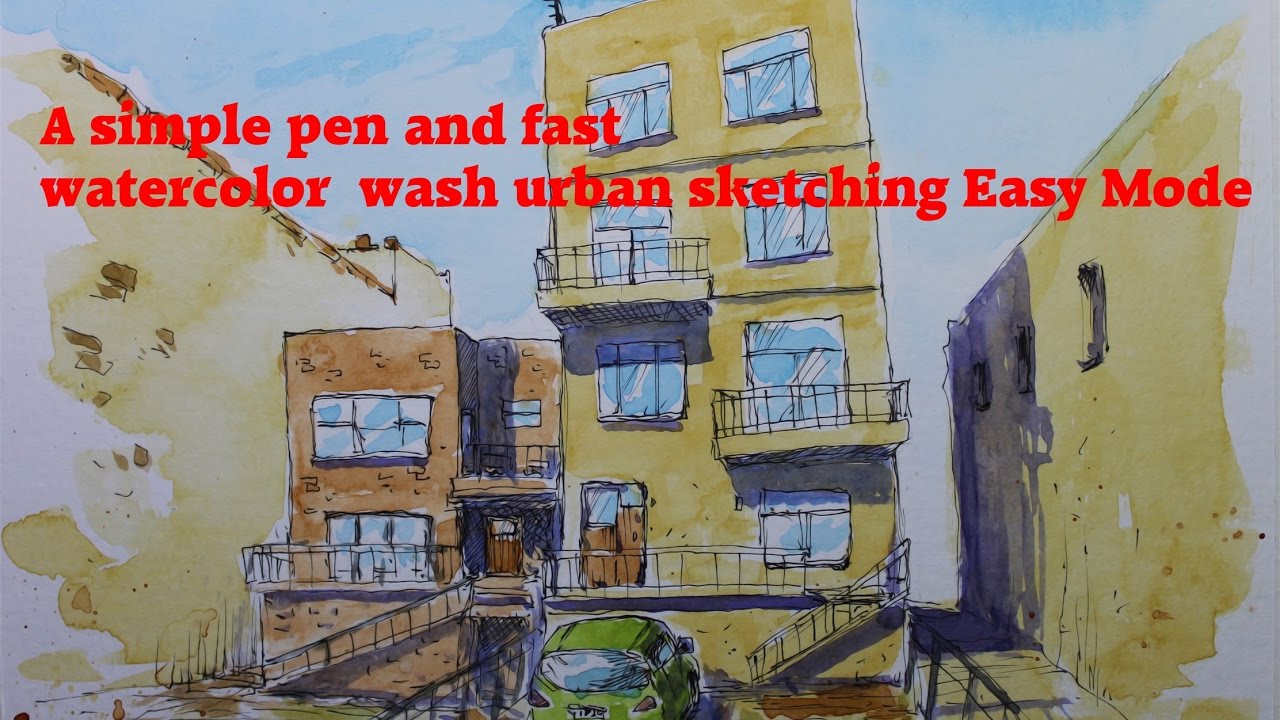A simple pen and fast watercolor wash urban sketching Easy Mode - YouTube