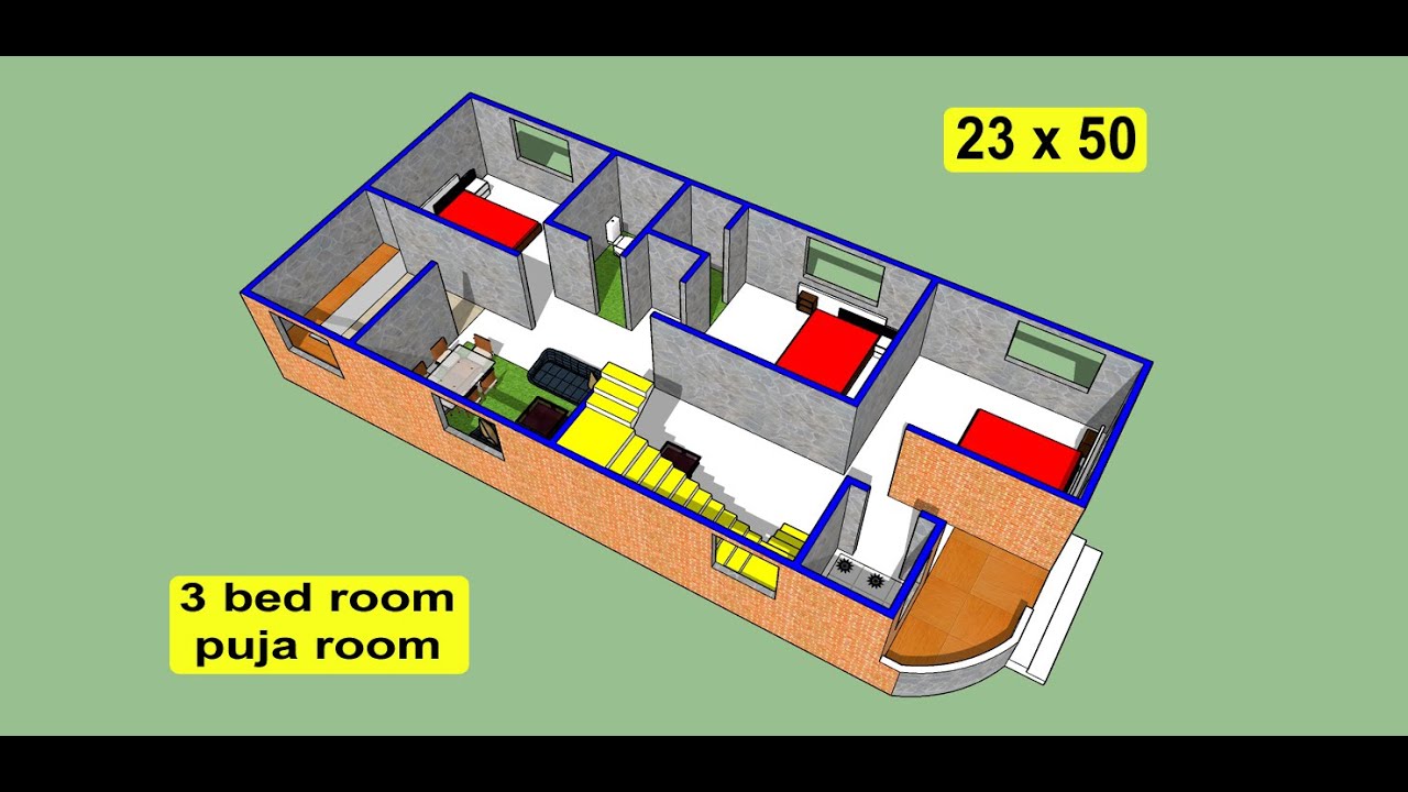 23 X 50 SIMPLE VILLAGE HOUSE WITH 3 BED ROOMS II 3 KAMRA GHAR KA NAKSHA