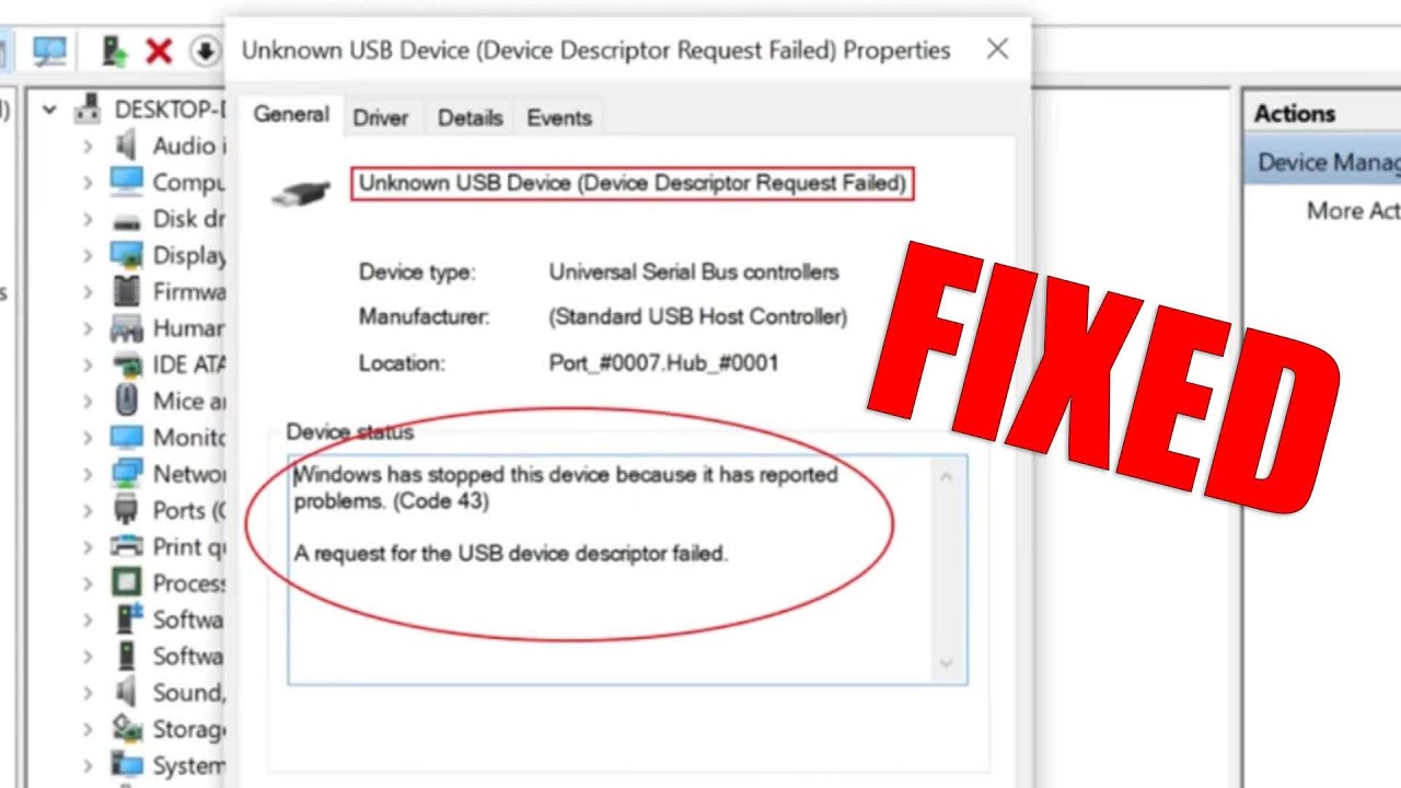 Solved) (Code 43) Unknown USB Device Descriptor Request Failed) in Windows (WORKING 💯) - YouTube