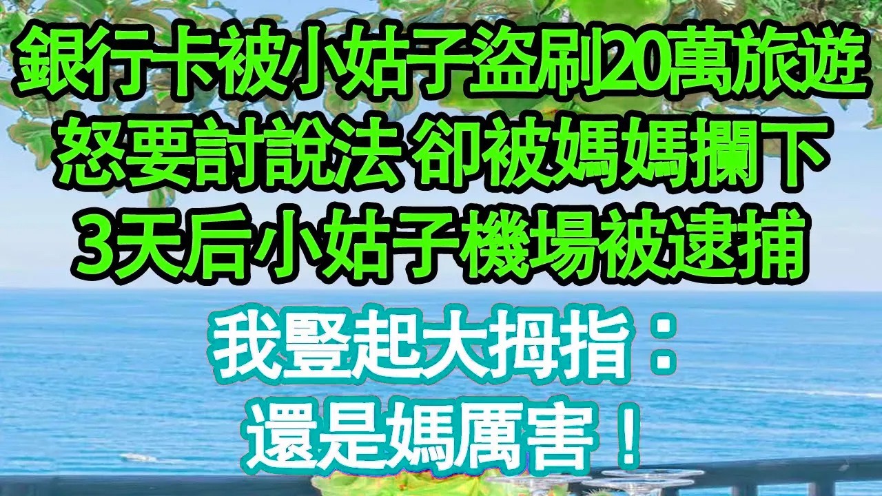 銀行卡被小姑子盜刷20萬旅遊，怒要討說法 卻被媽媽攔下，3天后小姑子機場被逮捕，我豎起大拇指：還是媽厲害！真情故事會|老年故事|情感需求|養老|家庭正能量