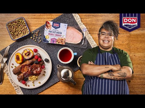 DON Dish of the Day | Island Pancakes with Grilled Peaches & Molasses DON Bacon - Chef Nornie Bero