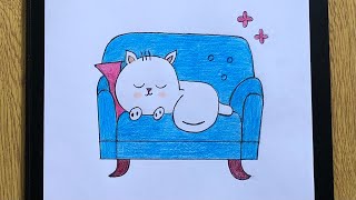 How to draw Sofa step by step / Drawing cat sleeping on Sofa #sofa #drawingsofa #easy #drawing