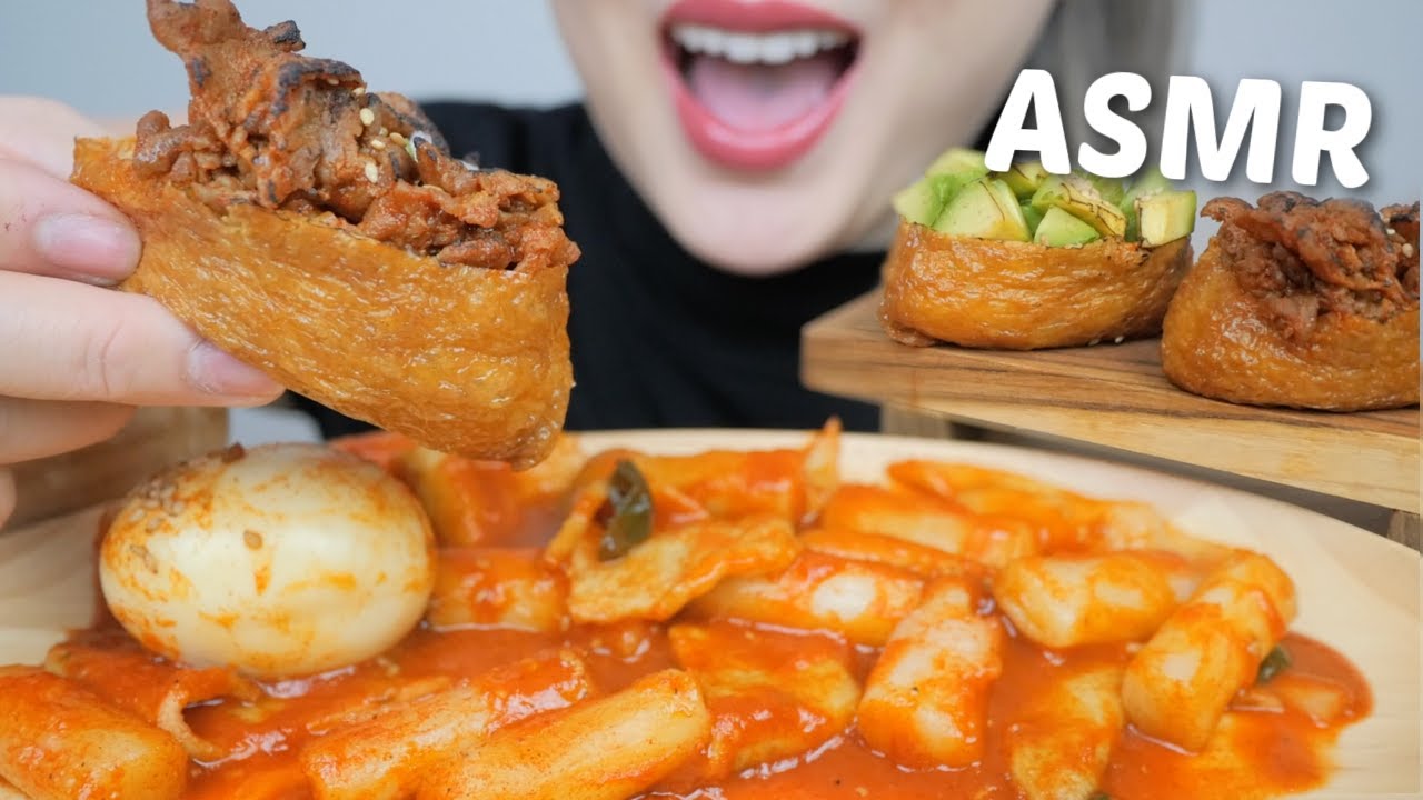 Spicy Pork and Avocado Yubu Chobap with Spicy Tteokbokki with fish cakes and Egg *ASMR NO Talking