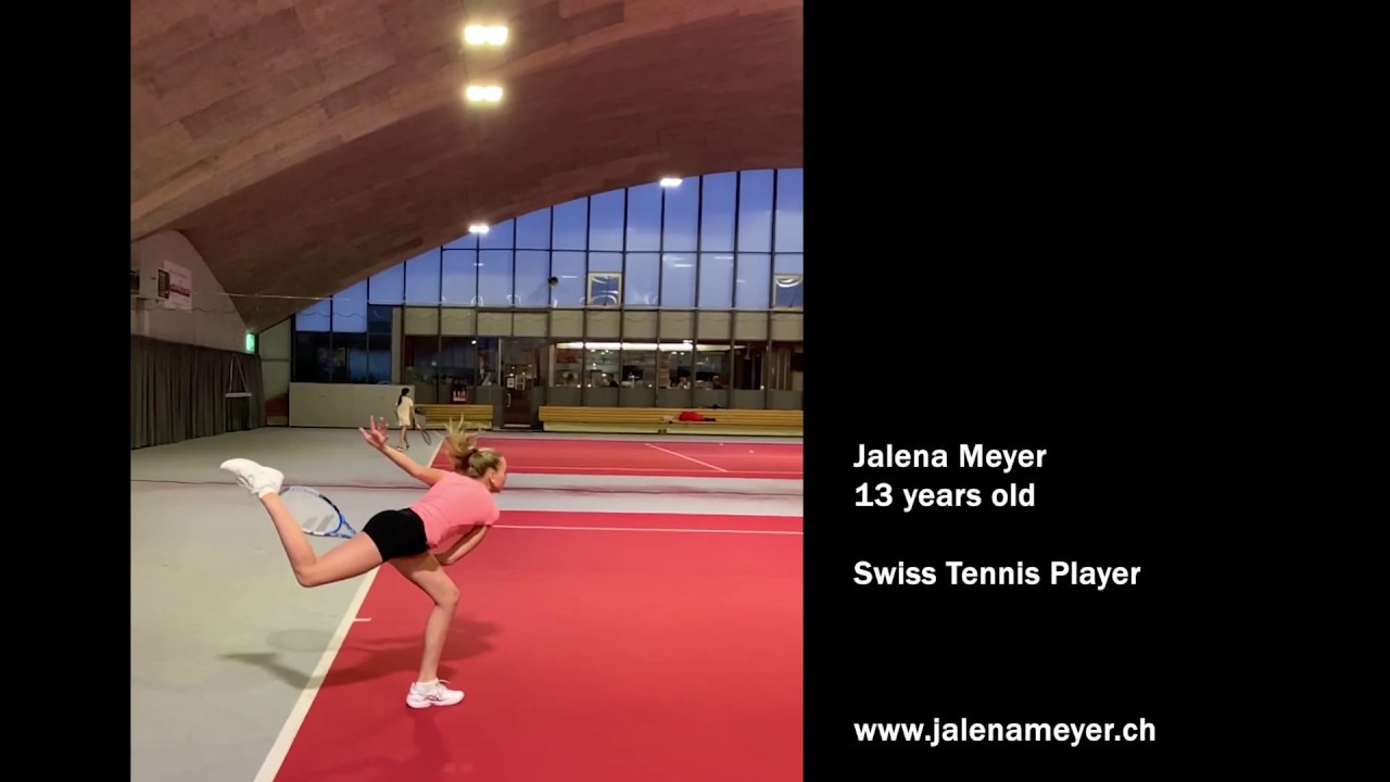 Jalena Meyer, Swiss Tennis Player, 13 years old, first serve, slow motion