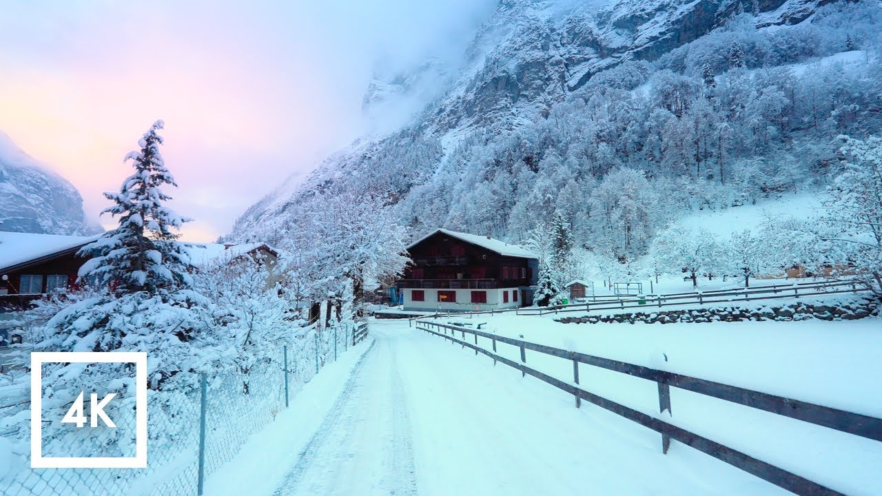 ⁣Snowy Switzerland ❄️🌨☃️ Winter Walk: Stechelberg to Lauterbrunnen Binaural Sounds