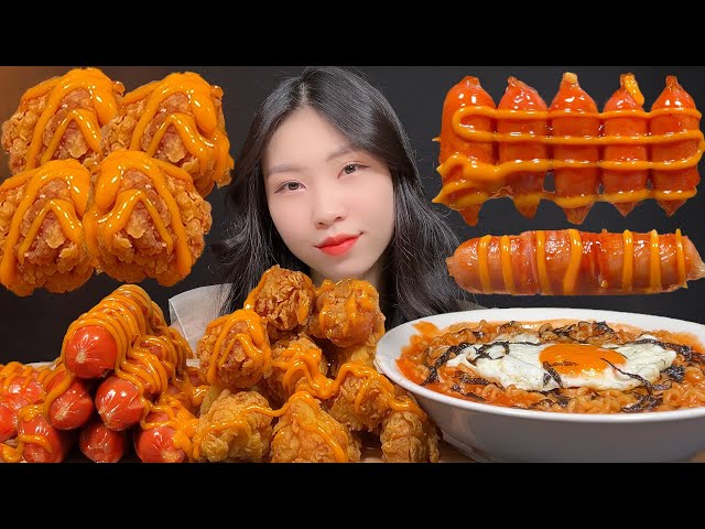 ASMR 먹방 | 불닭볶음면, 치즈 소세지, 바삭한 치킨볼 먹기