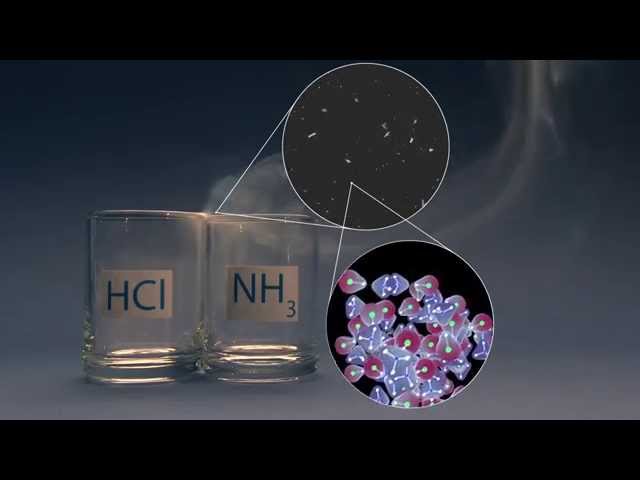 HCl+NH3=NH4Cl - Ammonium chloride smoke under 100,000,000x microscope class=