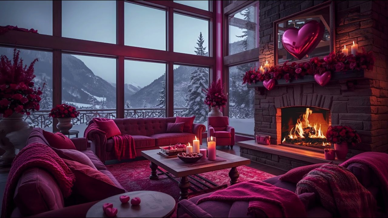 Romantic Valentine’s Mountain Retreat (No Music) ❄ Cozy Fireplace, Candlelight & Mountain Landscape
